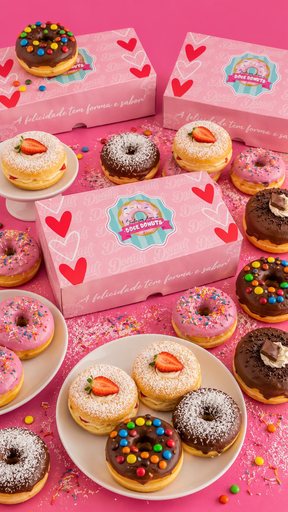 Caixas presente Doce Donuts cercadas de donuts recheados com morango, chocolate, confete e cobertura rosa